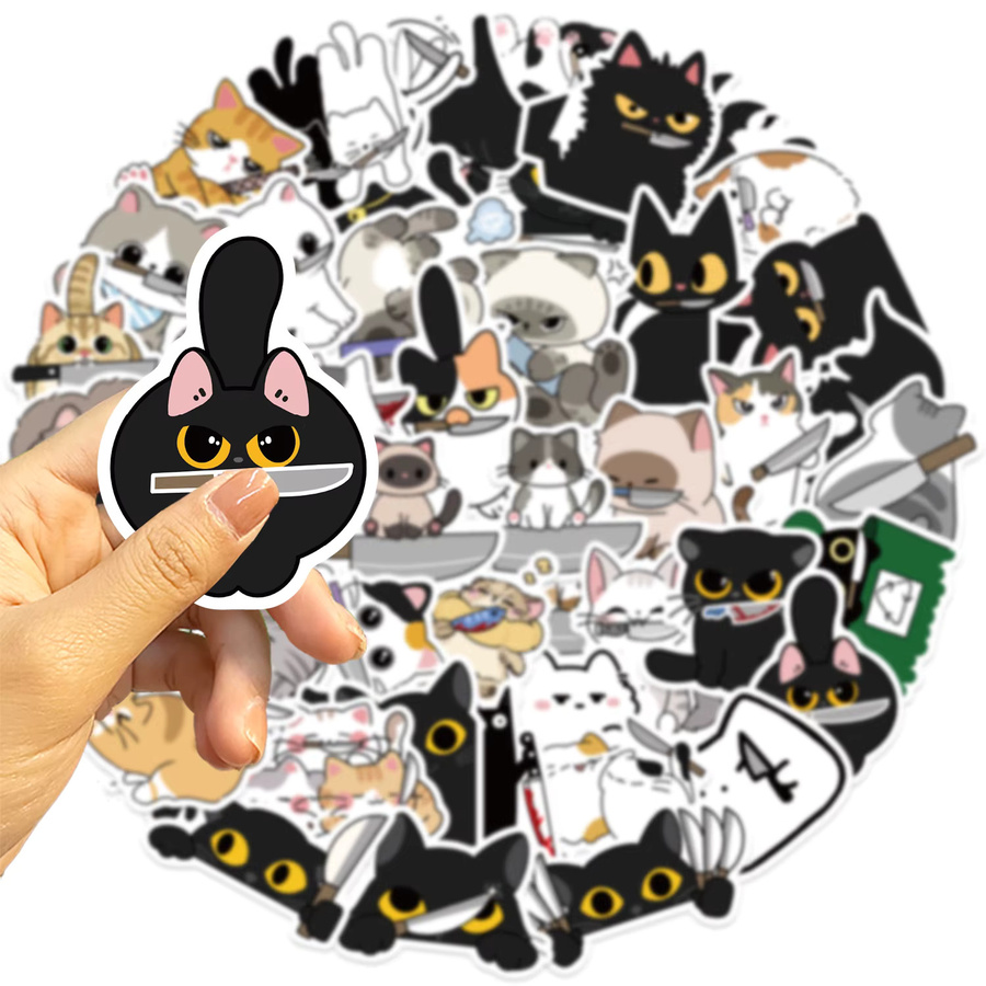 50 Stück Lustige Kätzchen mit Messer Aufkleber aus PVC in Mehrfarbig für Scrapbooking und Dekoration - Bild 4