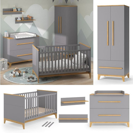 VitaliSpa Babymöbel Set Malia in Grau Eiche bestehend aus Wickelkommode, Kinderbett mit Lattenrost und Rausfallschutz, Kleiderschrank mit Kleiderstange und Wandregal inklusive Wickelauflage