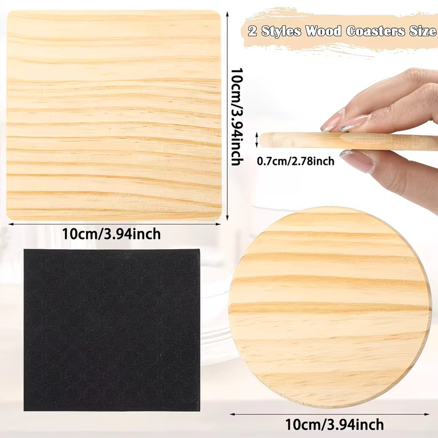 Dofiki Untersetzer-Set aus Naturholz mit rutschfesten Pads für DIY-Bastelarbeiten, 100 Stück, 50 Rund und 50 Quadrat, Durchmesser: 10 cm, Farbe: Braun - Bild 4