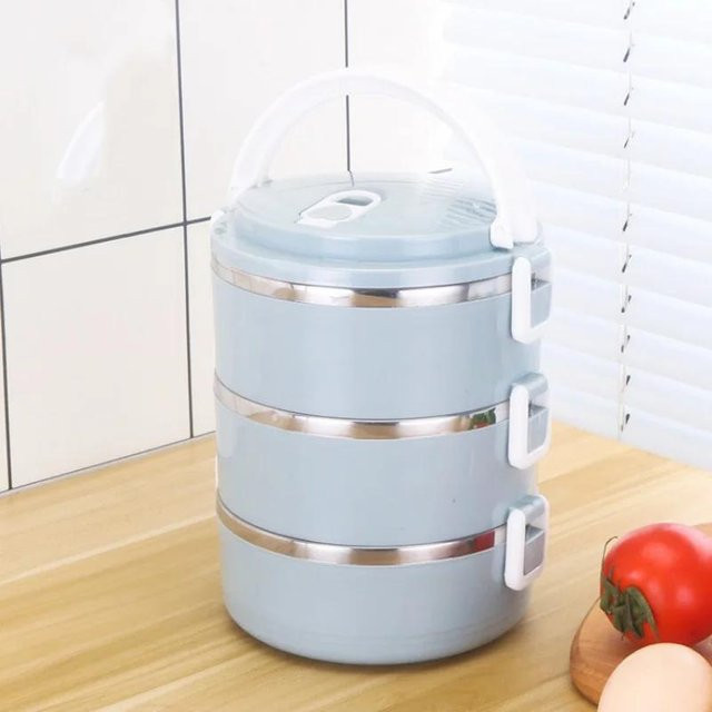 Yiran Furniture 3-lagige Thermo-Bento-Box aus Edelstahl und Kunststoff, auslaufsicher und tragbar, in Pink, Blau oder Grün - Bild 1