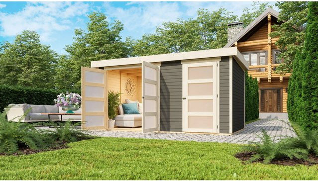 Karibu Holz-Gartenhaus Mühlenbach in Terragrau mit Flachdach und modernem Design, B/T/H: 400 x 242 x 211 cm - Bild 1