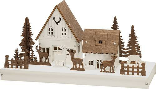 Konstsmide Schwibbogen Wald mit Haus und Rentieren aus Holz, Warmweiß LED, Braun und Weiß