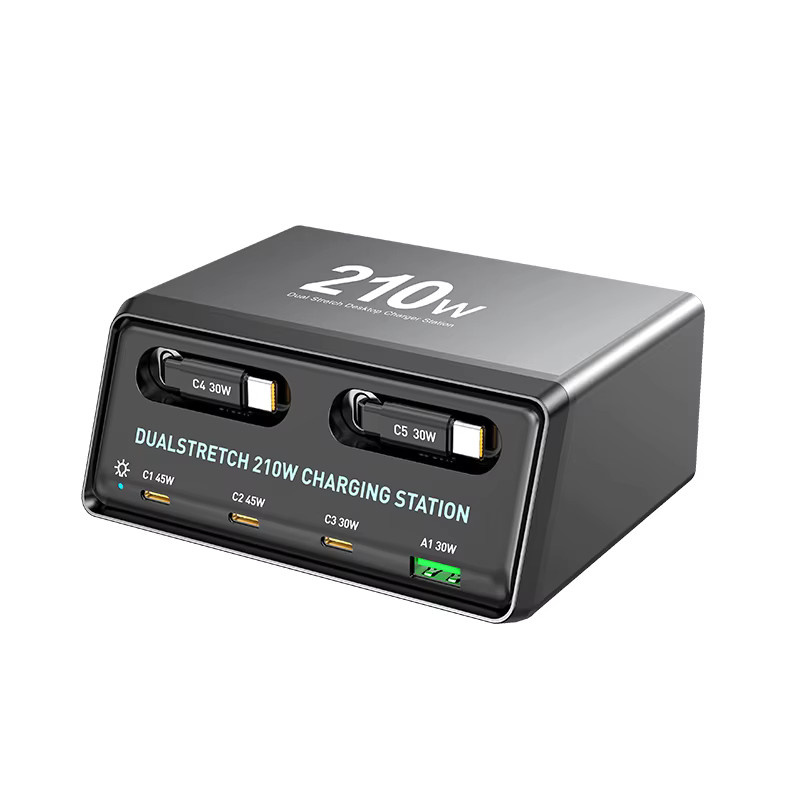 ILEPO 6-in-1 Ladestation Power Combo Tower mit 210 W Schnellladegerät und einziehbarem USB-C-Kabel in Schwarz - Bild 6