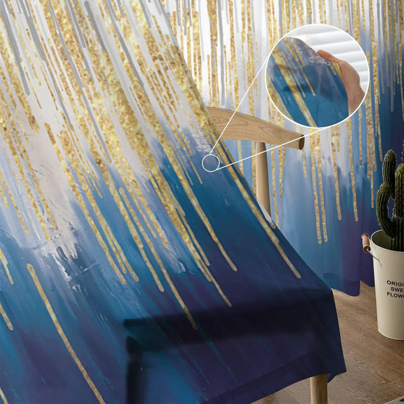 A Family Of Home Textiles Transparente Tüll-Vorhänge mit blauem abstraktem Grafikmuster für Wohnzimmer und Schlafzimmer, Breite: 135 cm, Höhe: 114 cm - Bild 2
