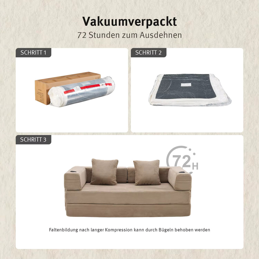 WELAX Cloud Futon Schlafsofa aus Cord mit Getränkehaltern und Aufbewahrungstaschen, Queen Size Klappbares Bodensofa für Wohnzimmer und Schlafzimmer, B/T/H: 185 x 150 x 200 cm - Bild 3