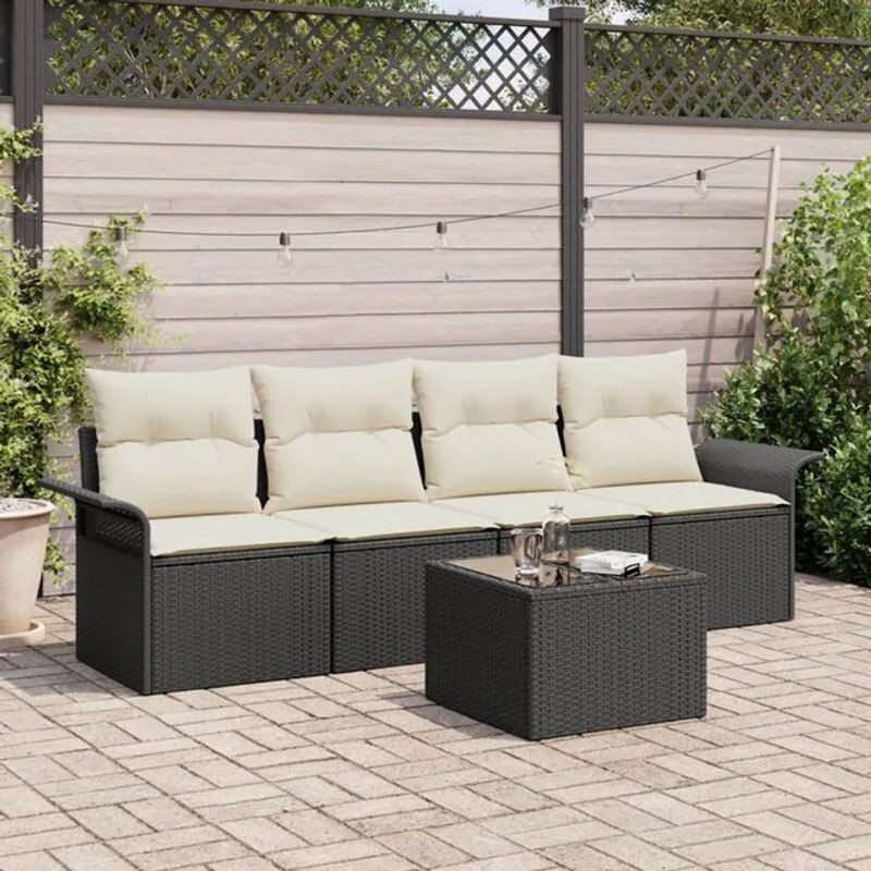 Vidaxl Garten-Sofa-Set aus Polyrattan mit Kissen in Schwarz und Beige, 5-teiliges Loungemöbel-Set, B/T/H: 55 x 55 x 37 cm - Bild 1