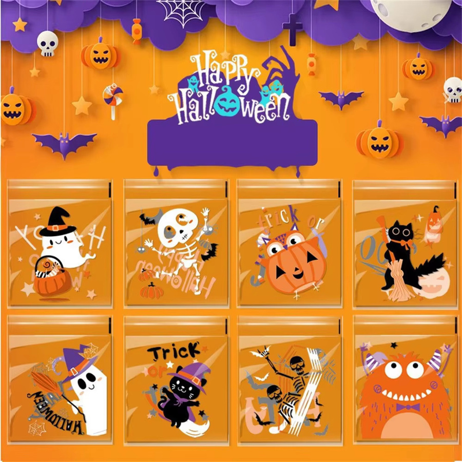 100 Stück Halloween Süßigkeiten Taschen mit Kürbis und Geist Motiv, transparente Kunststoff Geschenkbeutel für Keks Verpackung und DIY Party Deko, Mehrfarbig - Bild 2