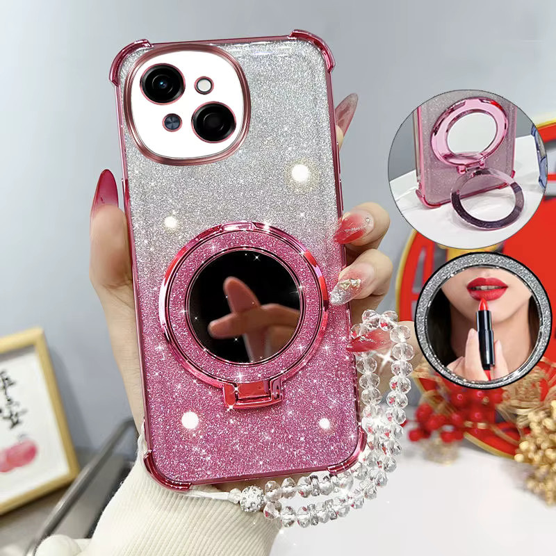 Glitzernde und stoßfeste Handyhülle mit Spiegelständer und Perlenarmband für Infinix Tecno Spark Go 20225 und Pop9 in Pink - Bild 1
