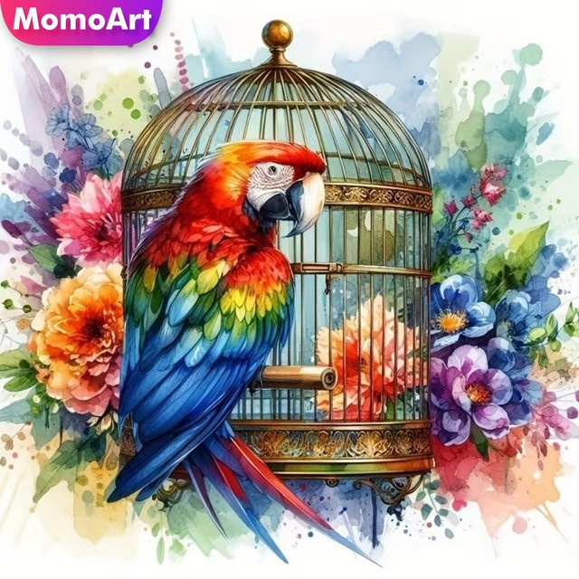 Momoart DIY Diamant-Malerei Papagei mit Blumen-Motiv als Kreuzstich-Set für Erwachsene und Anfänger in Multicolour, B/H: 20 x 20 cm - Bild 1