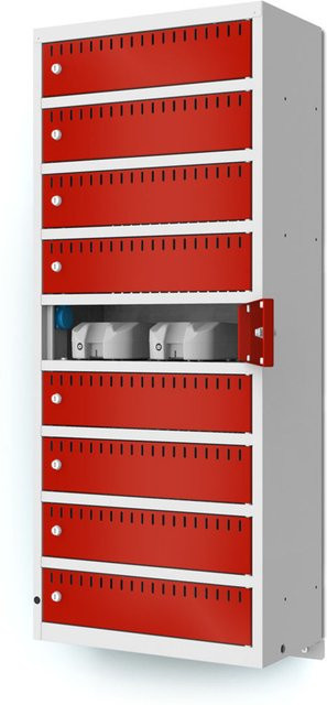 rotstahl Akku-Ladeschrank zur Wandmontage mit 9 Fächern, rot/grau, B/H/T: 55 x 133 x 30 cm - Bild 1