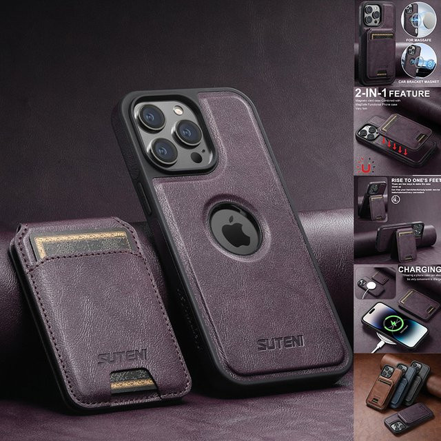 EUCAGR 2 in 1 MagSafe Leder Handyhülle mit abnehmbarem Wireless Charging Wallet für iPhone 16 Pro Max, 15, 14, 13, 12 Pro in Purple - Bild 1