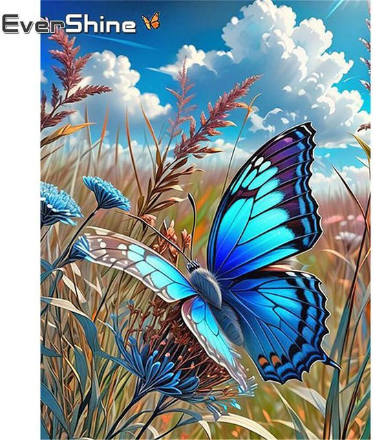 Evershine Diamantstickerei Schmetterling und Blumen als Mosaik-Bild mit Strass-Steinen für deine Dekoration B: 30,0 cm, H: 20,0 cm - Bild 1
