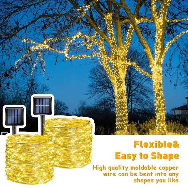 LEDOOR 2er-Pack Solar-Lichterkette mit 600 LED und Kupferdraht, Warmweiß, 64m Länge für Garten, Hof und Dekoration - Bild 1