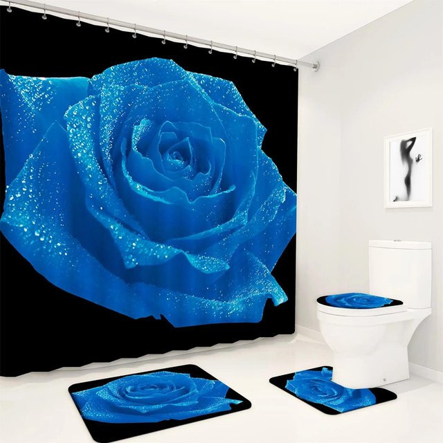 Dai Jiaochuan Badezimmer-Set mit blauem Rosenblumen-Design aus Polyester, bestehend aus wasserdichtem Duschvorhang und rutschfester Badematte, B: 60 cm, H: 190 cm - Bild 1