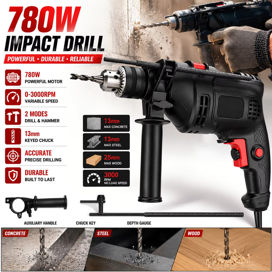 Elektrischer Bohrhammer 780W mit 13mm Bohrfutter und variabler Geschwindigkeit, kabelgebundener Dual-Modus-Schlagbohrschrauber für Beton, Holz und Stahl in Schwarz - Bild 1