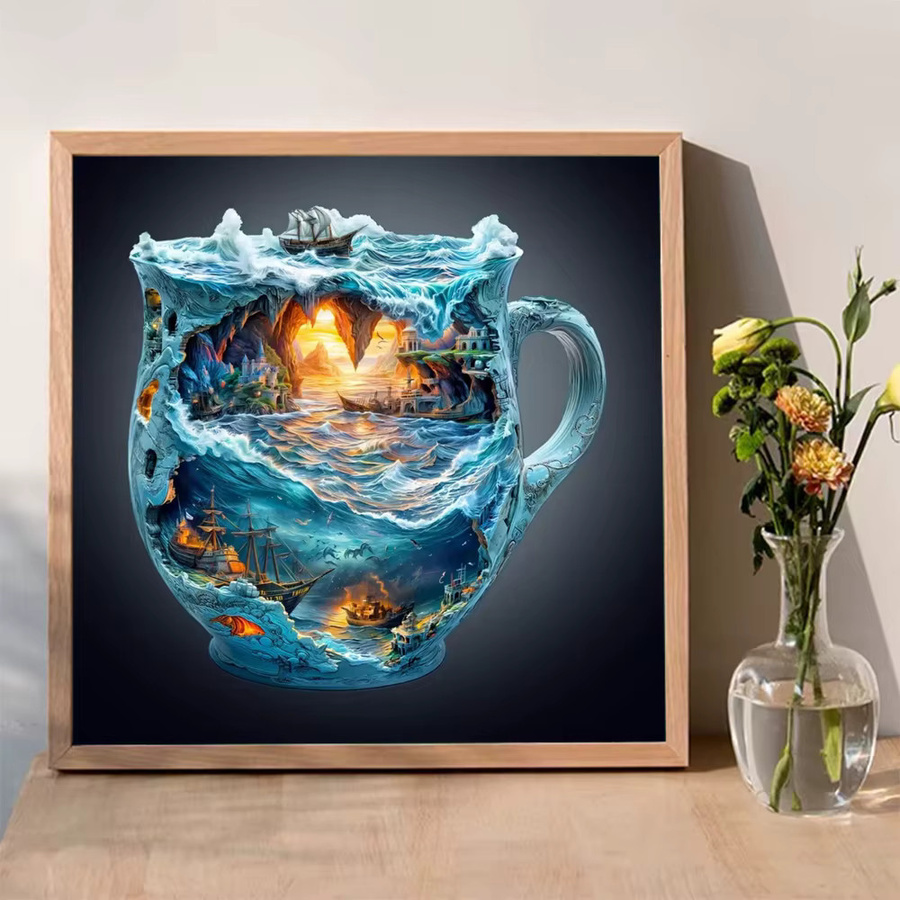 Momoart Diamant-Malerei Tasse mit maritimer Landschaft, DIY Acryl Mosaik Set, Sonnenuntergang und Schiff, Mehrfarbig, Durchmesser: 20 cm - Bild 3