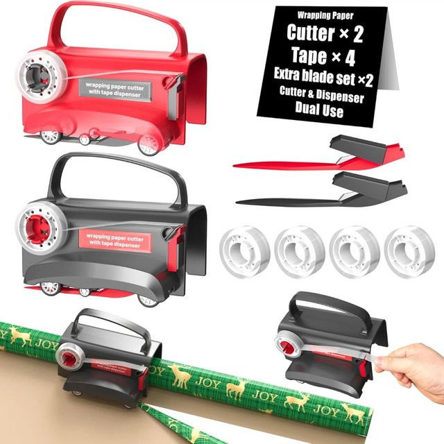 Dual-Use Geschenkpapier-Schneider und Klebebandabroller mit verschiebbarer Papierrollenhalterung aus Kunststoff - Bild 1