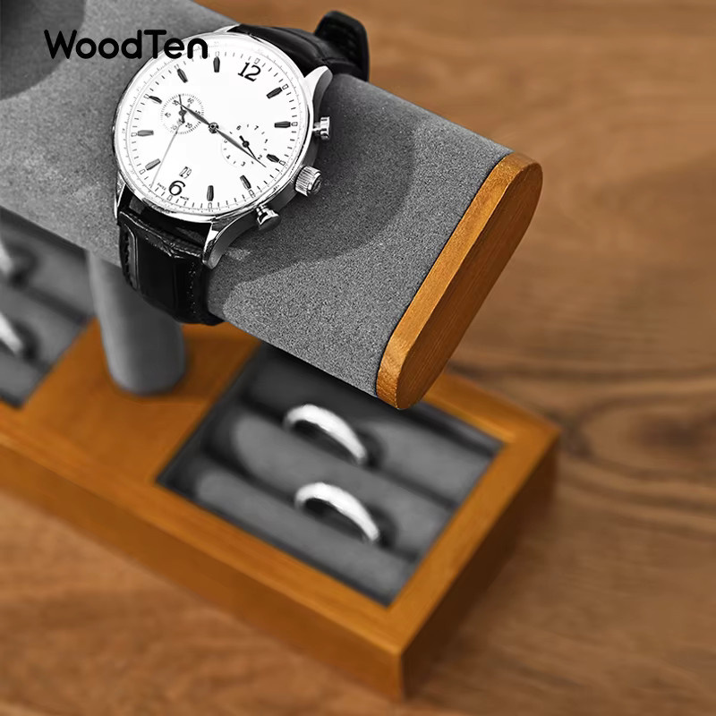 WoodTen Uhrenständer aus Massivholz als T-förmiger Schmuckständer für Ringe und Ohrringe in Schwarz oder Braun - Bild 2