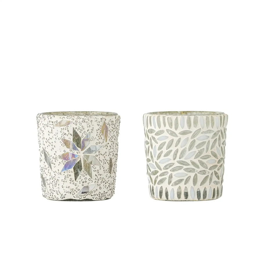 Bloomingville Teelichthalter Myr aus Glas in Weiß mit Mosaikmuster, 2er Set - Bild 1
