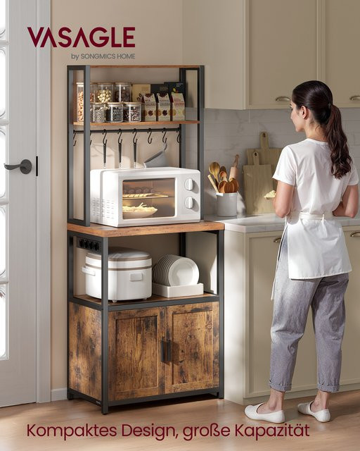 VASAGLE Küchenregal mit Steckdosen und 8 Haken in Mattschwarz und Vinta-Braun, Höhe: 90 cm - Bild 1
