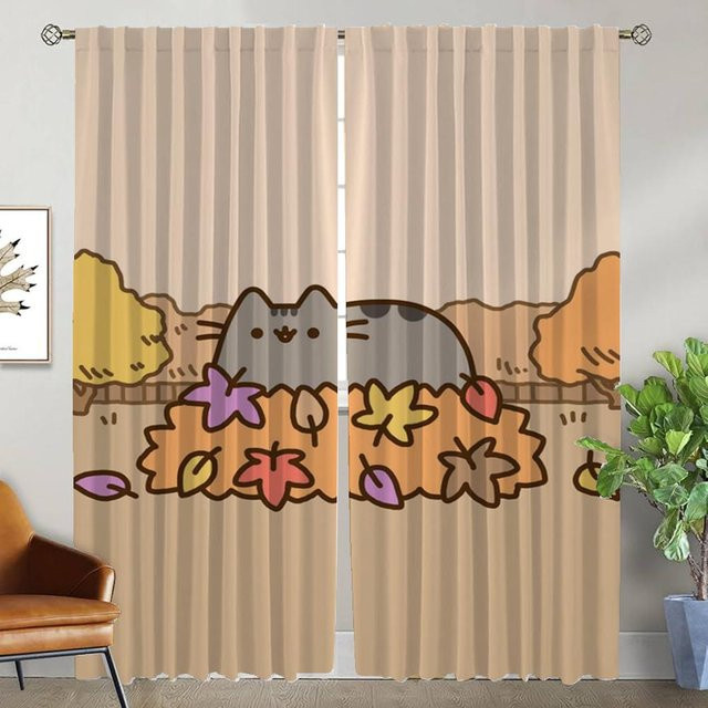 Pusheen Tüll-Vorhänge für Wohnzimmer und Schlafzimmer, 2er-Set, Beige, B: 74 cm, H: 114 cm - Bild 1