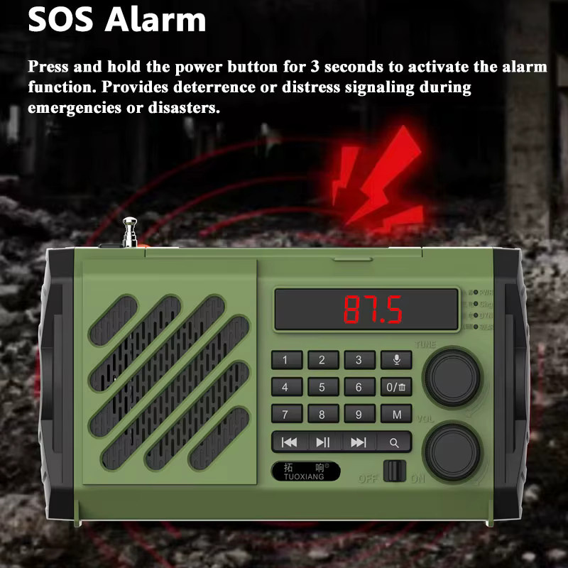 JINSERTA Tragbares Notfallradio in Grün mit Handkurbel und Solarladefunktion, Bluetooth-Lautsprecher, FM/AM/SW-Empfang sowie USB- und TF-Rekorderfunktion - Bild 2