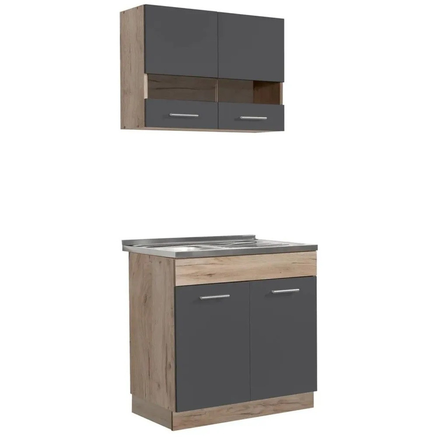 Homestyle4u Küchenzeile modern in Eiche Grau mit Glastüren und Holzmaserung B/T/H: 80 x 51,5 x 81 cm - Bild 2