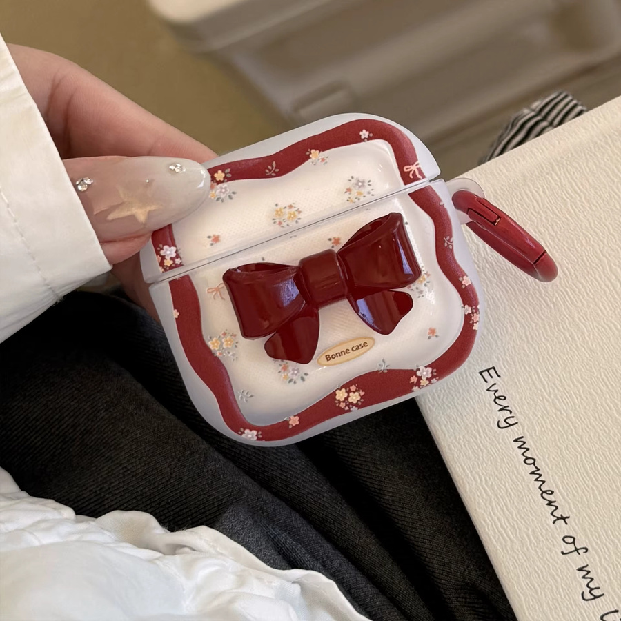 Schutzhülle für Apple AirPods und AirPods Pro mit 3D Cartoon Rote Schleife und Floral Welle Design in Rot inklusive Haken - Bild 4