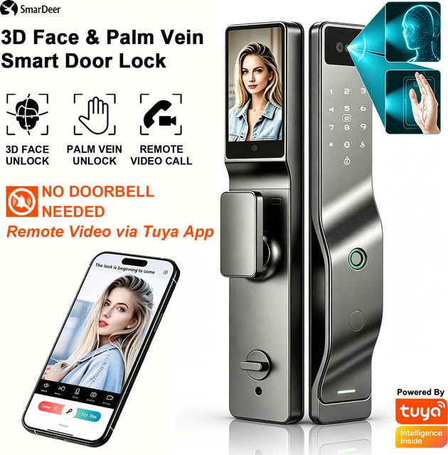 SmarDeer 3D Face Palm Vein Smart Lock in Schwarz mit biometrischem Fingerabdruck, App-Steuerung, Fernbedienung und temporärem Passwort für schlüssellosen Zugang und Heimsicherheit - Bild 1