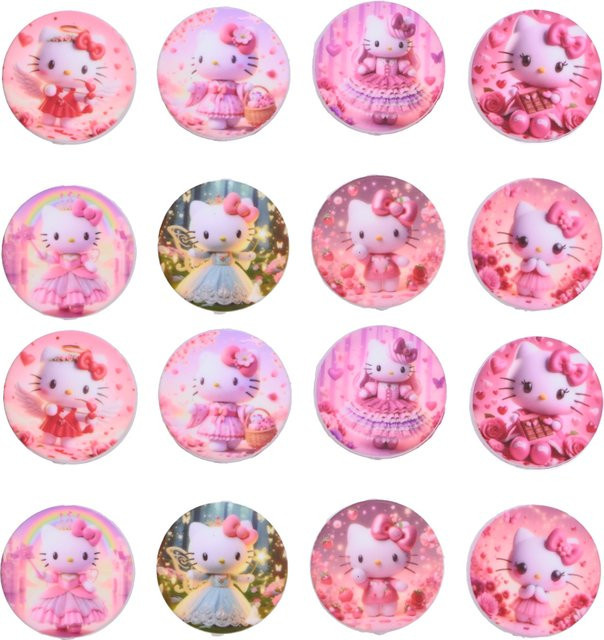 8er Set Sanrio Silikon Beißringe mit Hello Kitty Motiv in Rosa und Multicolour, 28mm Flache Perlen für DIY Schnuckerketten und Schnullerketten-Bastelbedarf - Bild 1