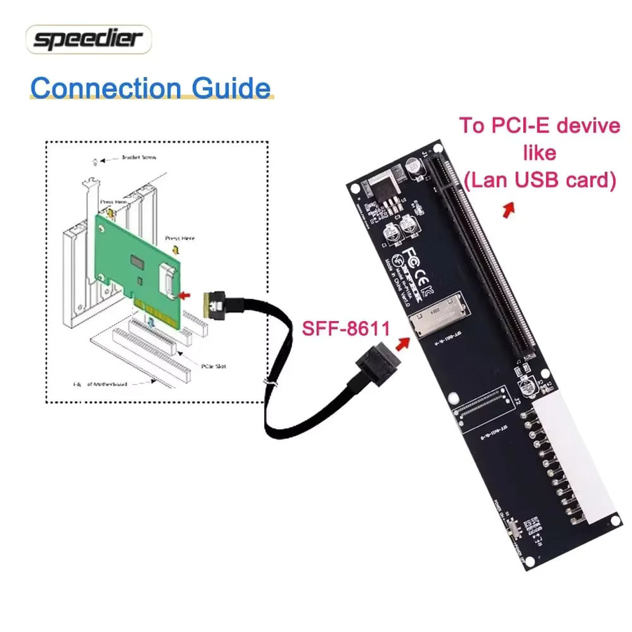 SPEEDIER OCuLink 8x SFF-8611 zu PCI Express 4.0 x16 eGPU Adapter mit ATX 24 Pin Anschluss, Schwarz - Bild 3