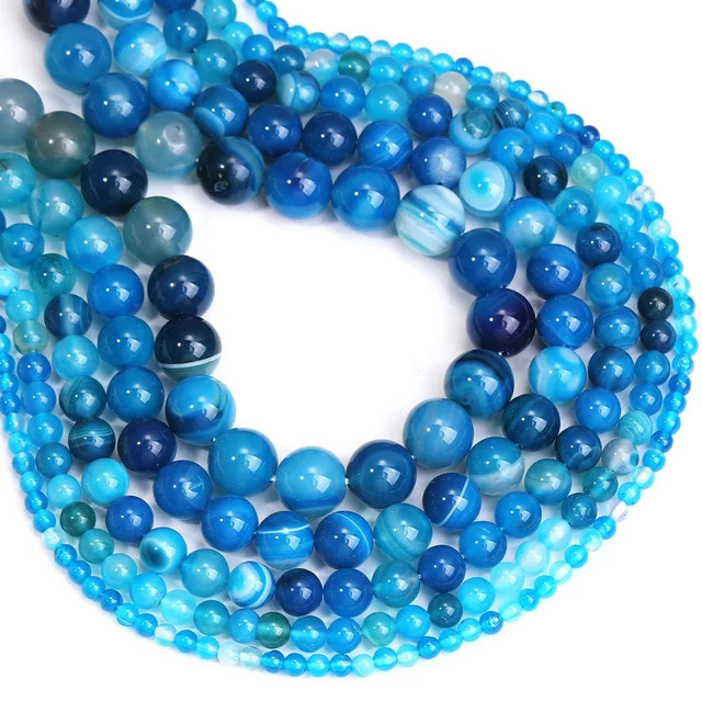 SANSWL Achat Perlen, blau gestreift, rund, 4-12 mm, Unisex - Bild 1