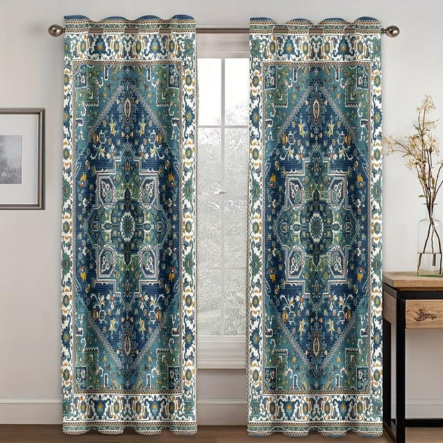 2er-Set Bohemian Art Vorhänge von Yiran Furniture mit traditionellem Design, blau, halbtransparent, B/H: 50 x 100 cm - Bild 1
