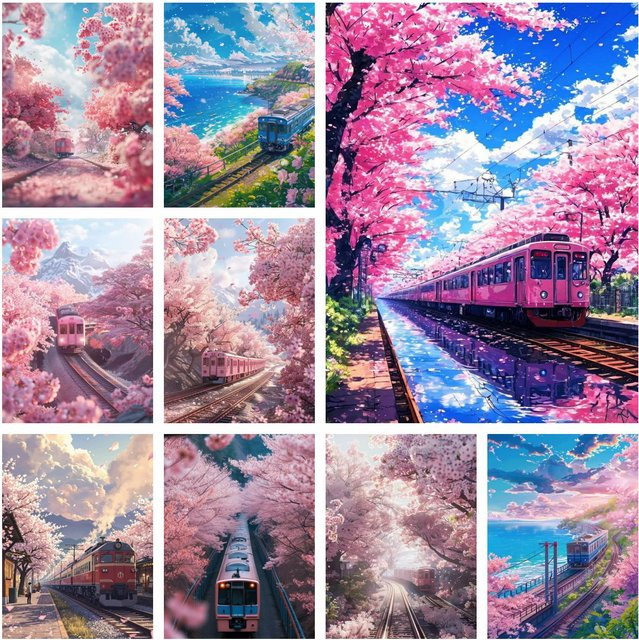 Potdemiel 5D-Diamantgemälde Sakura-Zug Mosaik-Landschaft in Multicolour, B/H: 40 x 30 cm - Bild 1