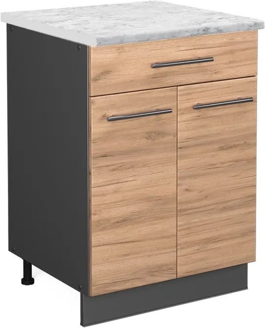 Vicco Küchenunterschrank Fame-Line Goldkraft Eiche/Anthrazit mit Schublade und Marmor-Optik, Breite: 60 cm, Höhe: 82 cm, Tiefe: 56 cm - Bild 1
