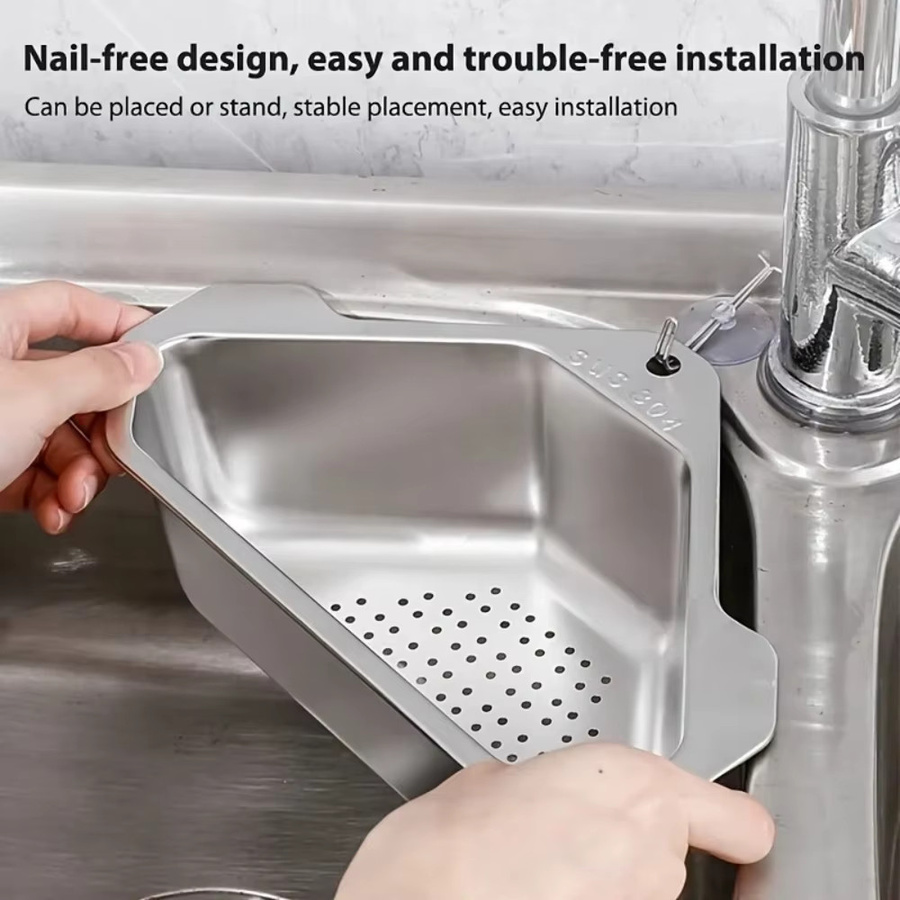 FEB.WIND Abtropfkorb aus Edelstahl in Silber für Waschbecken und Wasserhahn, dreieckiges Eckregal zur Aufbewahrung von Seife und Gemüse - Bild 2