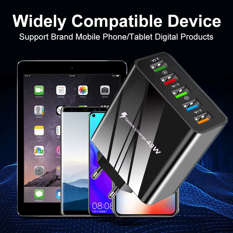 Wocoolsi 48 W USB Schnellladegerät mit QC 3.0 und 5 Ports, Wandladegerät Adapter in Schwarz für iPhone, Samsung und Xiaomi, EU und US Stecker - Bild 5