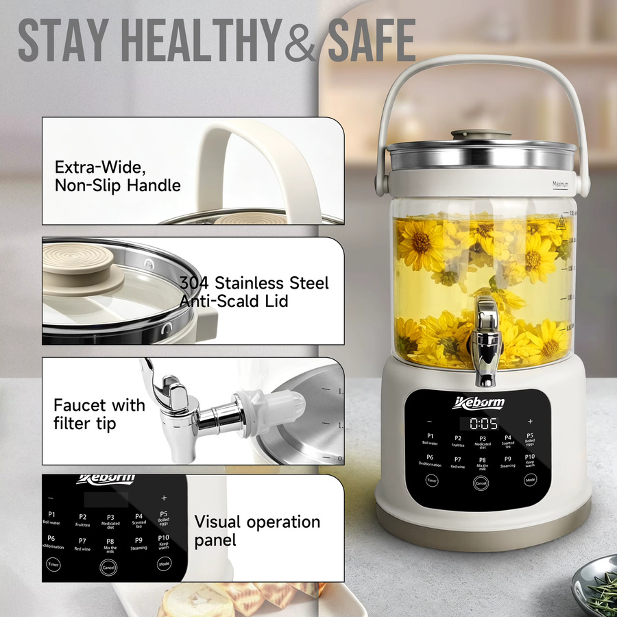 Ikeborn Multifunktionaler Gesundheitskessel mit Zapfhahn und Smart-Steuerung, 3 l, Glas, Transparent - Bild 4
