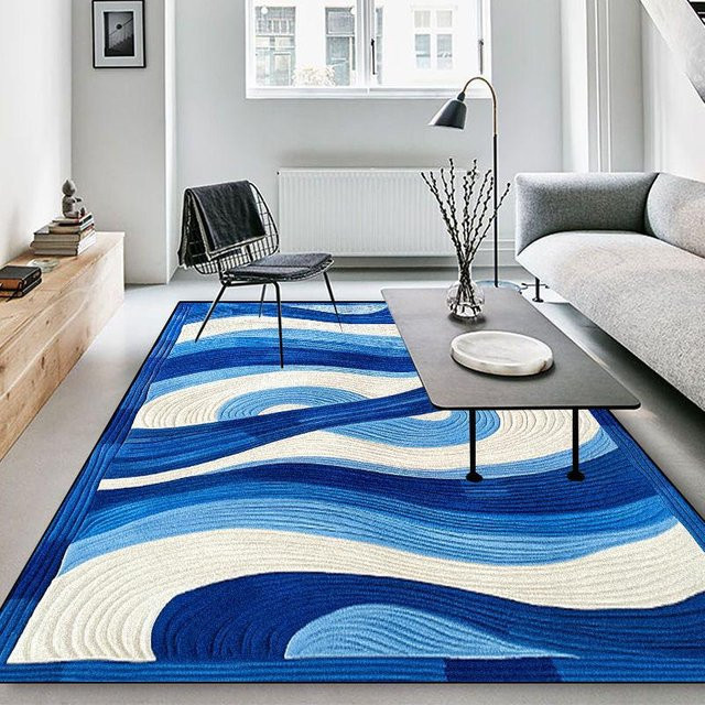 JGJG Moderner Geometrischer Teppich aus Flanell in Blau, Rutschfeste und Waschbare Bodenmatte für Wohnzimmer und Schlafzimmer, B: 90 cm, T: 60 cm - Bild 1