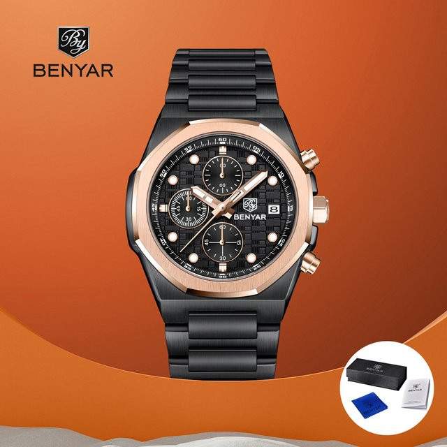 BENYAR Chronograph Armbanduhr, Quarz, Edelstahl, Schwarz, Herren - Bild 1