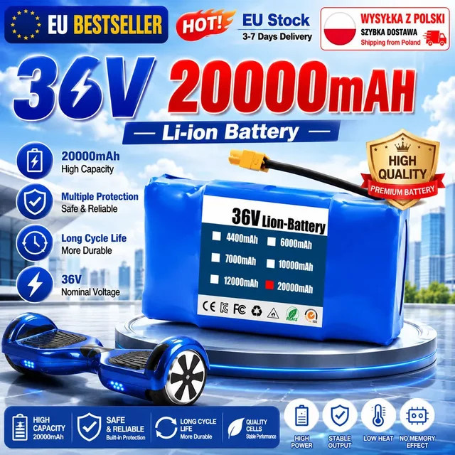 Wiederaufladbarer 36V 20000mAh Lithium-Ionen-Akkupack in Blau für elektrische Hoverboards und Einräder (10s2p) - Bild 1