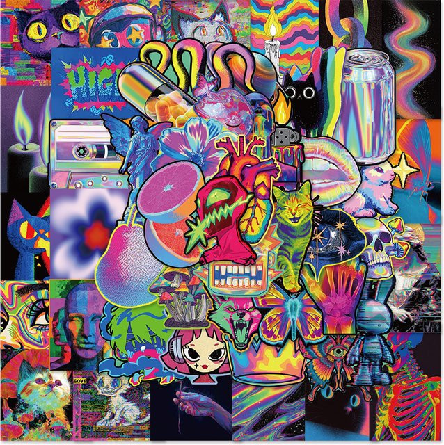 50 Stück PickJoy Aufkleber mit abstrakten Retro Psychedelischen Motiven in Multicolour für Skateboard, Wand und Schreibtisch - Bild 1
