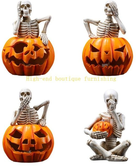 L9NB Halloween Kürbis-Schädel-Lampenfigur in Orange mit warmweißem Licht für drinnen und draußen - Bild 1