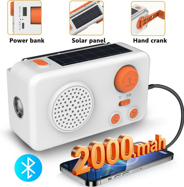 JINSERTA Mini Tragbares FM-Radio mit Solarladung, Handkurbel und Bluetooth-Lautsprecher in Weiß mit SOS-Alarm und Powerbank-Funktion - Bild 1