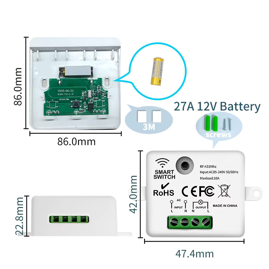 GGBEE Wireless Smart Switch RF 433MHz Fernbedienung für LED Beleuchtung, 1/2/3 Gang Lichtschalter in Weiß - Bild 2