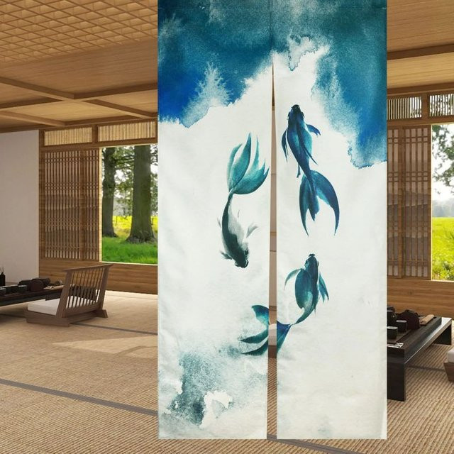VIKAMA Vorhang im chinesischen Stil mit Tintenfisch-Motiv in Blau, Halbvorhang für Café, Teeraum oder Wohnzimmer - Bild 1