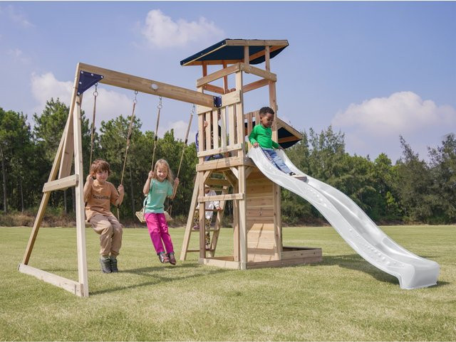 Axi Spielturm Malik mit Doppelschaukel Braun und Rutsche Weiß - Bild 1