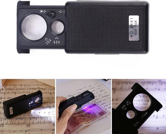 Kkmoon Taschen-LED-Schmucklupe, 30x und 60x, mit UV-Licht, Schwarz - Bild 1