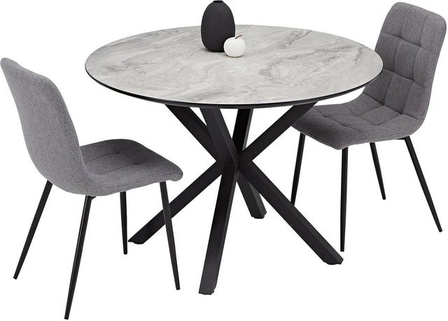 Homestyle4u Esstisch-Set im Industrial-Style mit runden Melamin-Tischplatte und 2 Polsterstühlen in Grau und Schwarz, B/T/H: 110 x 110 x 76,5 cm - Bild 1