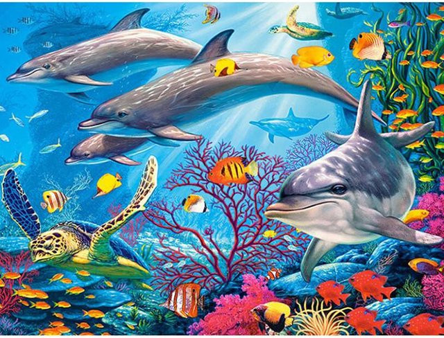 FIYO Diamant-Malerei Delfin-Landschaft in Blau, Unterwasserwelt Mosaik-Set für Erwachsene, Breite: 30 cm, Höhe: 30 cm - Bild 1